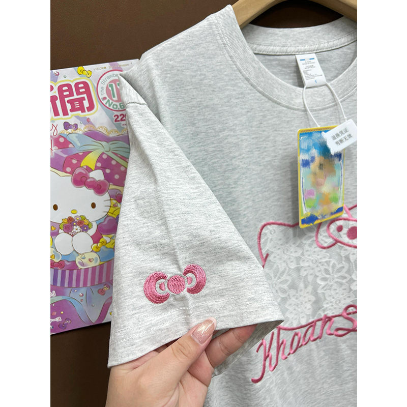 可爱蕾丝刺绣kitty猫咪短袖t恤女
