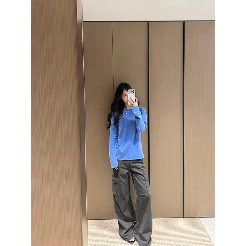 水洗炒盐蓝色口袋长袖t恤女春秋季基础款百搭休闲内搭打底衫上衣