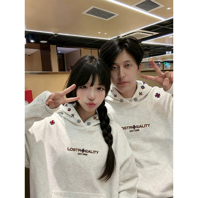 灰色潮牌刺绣加绒加厚连帽卫衣女