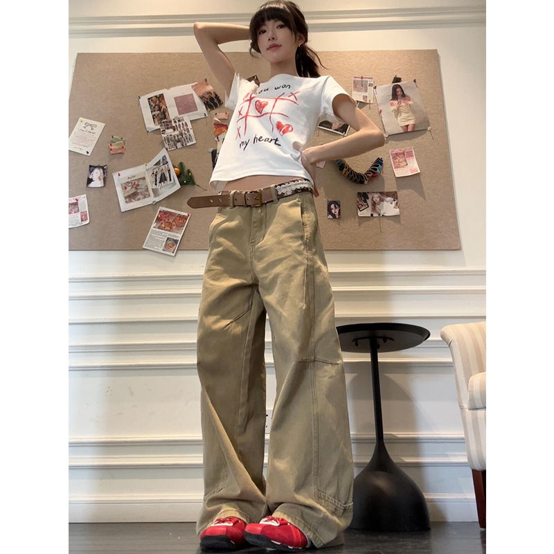 美式复古卡其色高腰阔腿牛仔裤女2025春夏新款显瘦直筒宽松拖地裤