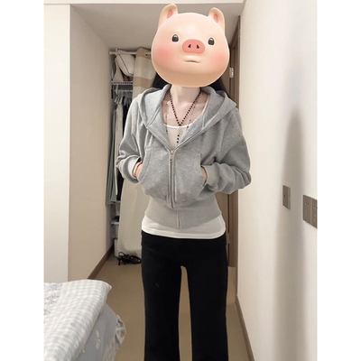 灰色正肩短款连帽卫衣外套女春季
