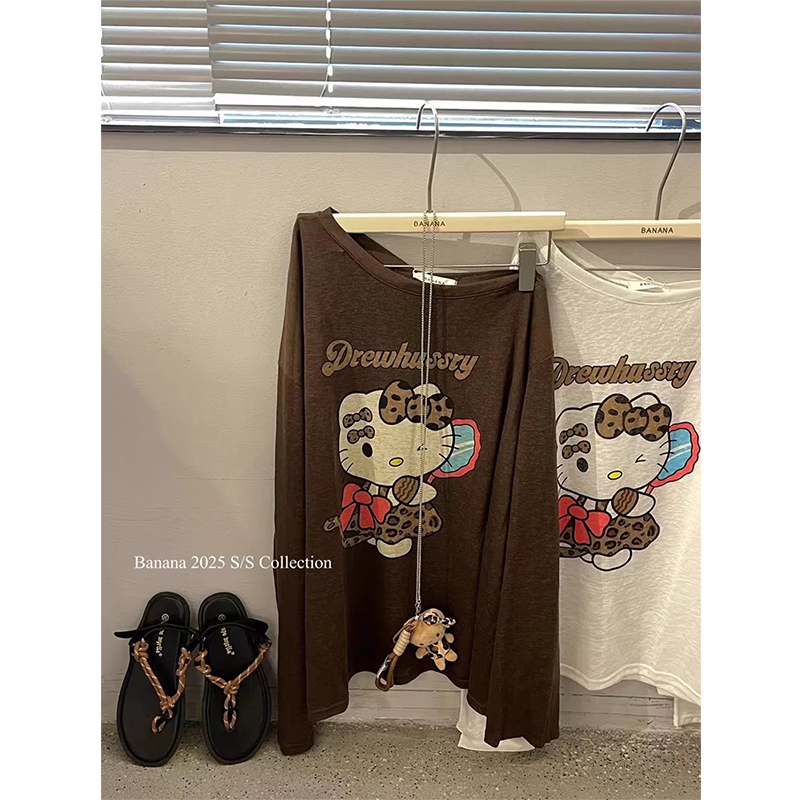 可爱卡通kitty猫防晒罩衫女夏季轻薄款宽松慵懒风斜肩长袖t恤上衣