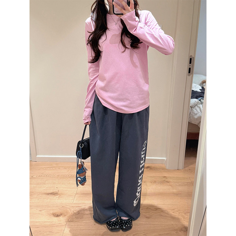 粉色圆领长袖t恤女基础百搭上衣图片