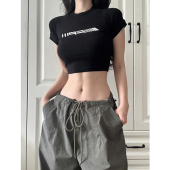 辣妹紧身上衣 t恤女设计感小众黑色正肩短款 美式 复古液态金属短袖