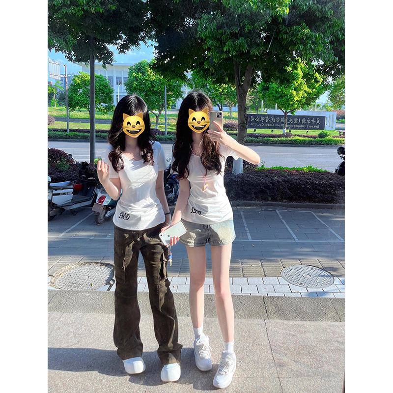 美式修身白色V领短袖正肩t恤女夏