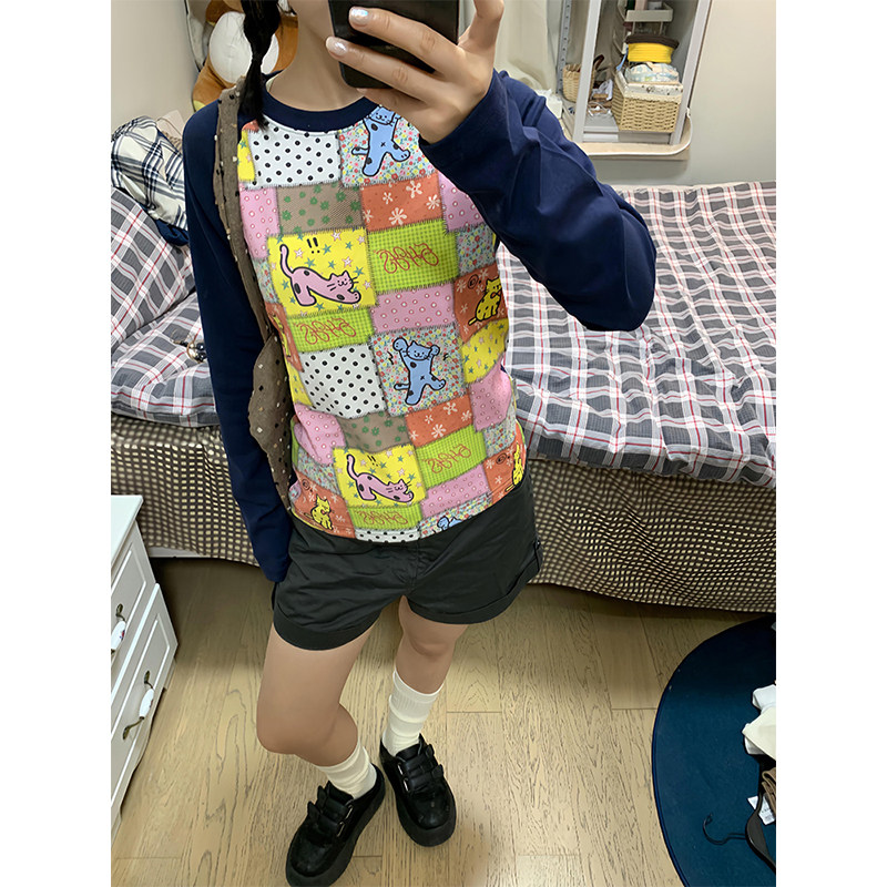韩系轻亚风卡通猫咪拼色插肩长袖t恤女秋季新款美式修身显瘦上衣