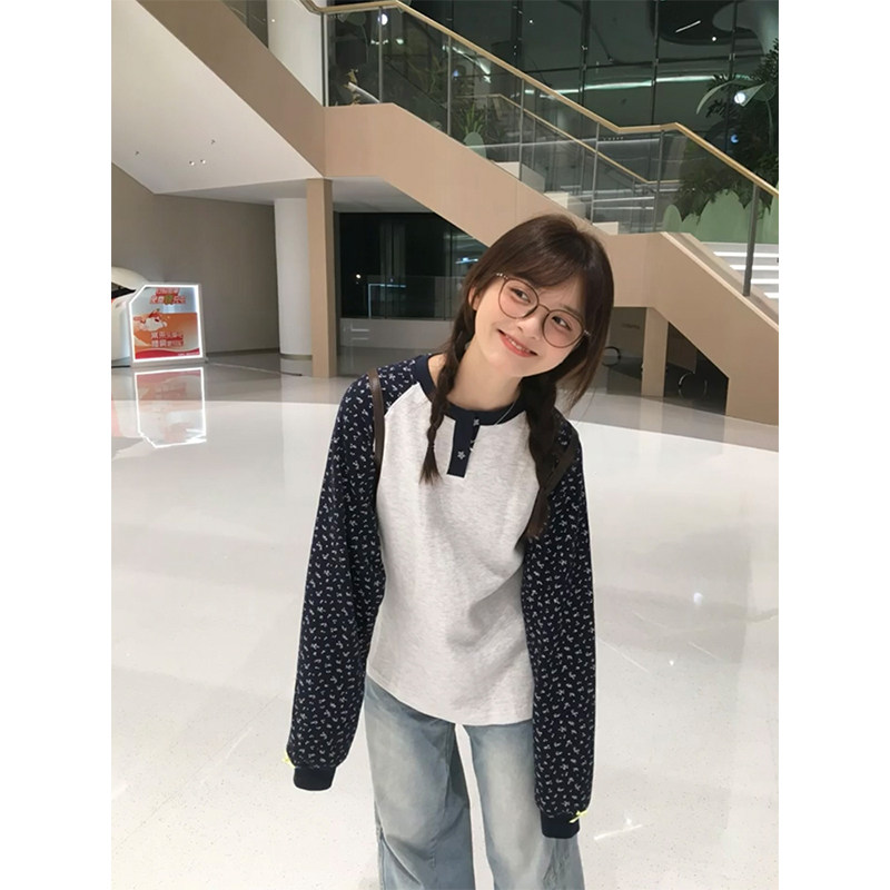 华夫格撞色插肩袖碎花长袖t恤女秋季复古韩系设计感小众宽松上衣