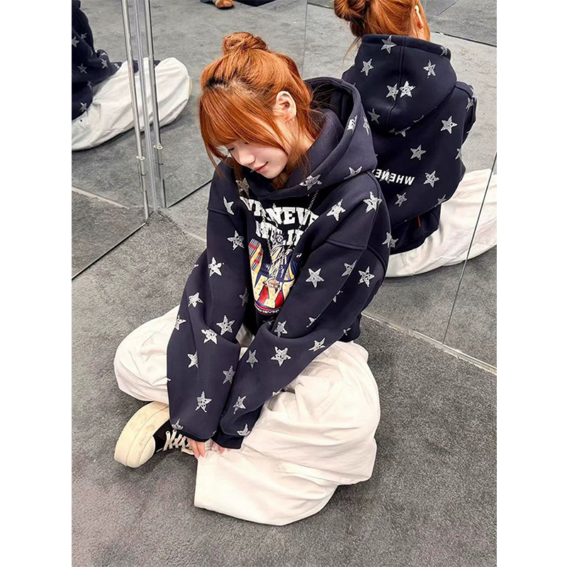 美式满印星星闪粉加绒连帽卫衣女