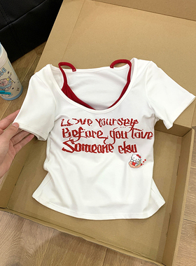 吊带假两件kitty猫短袖t恤女2025新款夏季甜辣妹修身正肩短款上衣