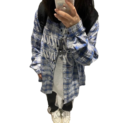 潮牌美式高街蓝色格子衬衫女春秋