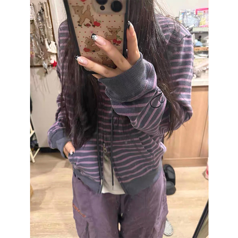 条纹立领卫衣女开衫短款外套上衣