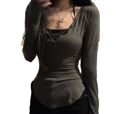 纯欲v领长袖t恤防晒罩衫修身上衣