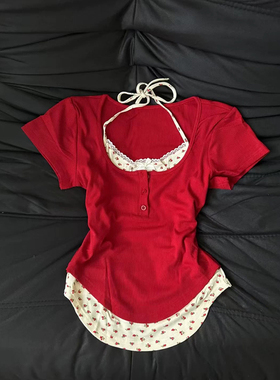 纯欲甜辣妹吊带假两件碎花短袖t恤女夏季韩系修身设计感短款上衣