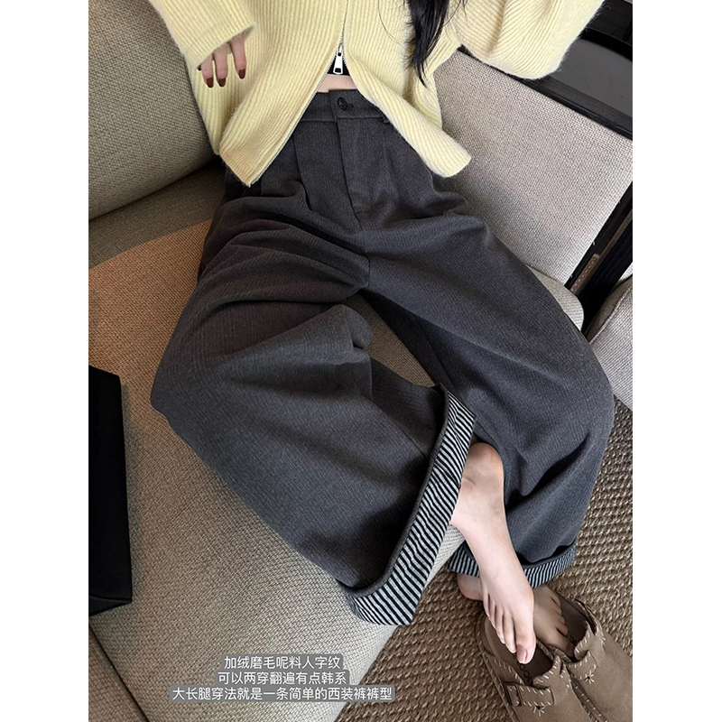 灰色加绒加厚翻边毛呢裤子女秋冬