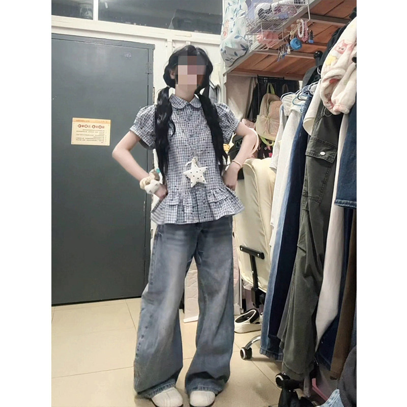 彩点荷叶边格子纹polo衫领短袖衬衫女夏季收腰显瘦百搭学院风上衣