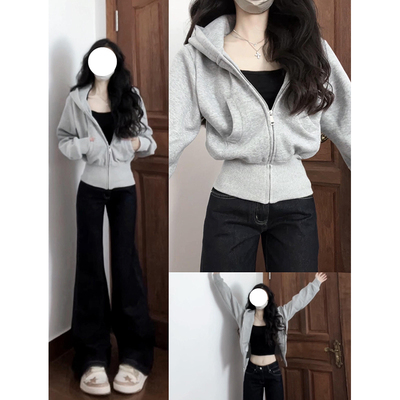 灰色连帽卫衣外套女短款拉链开衫