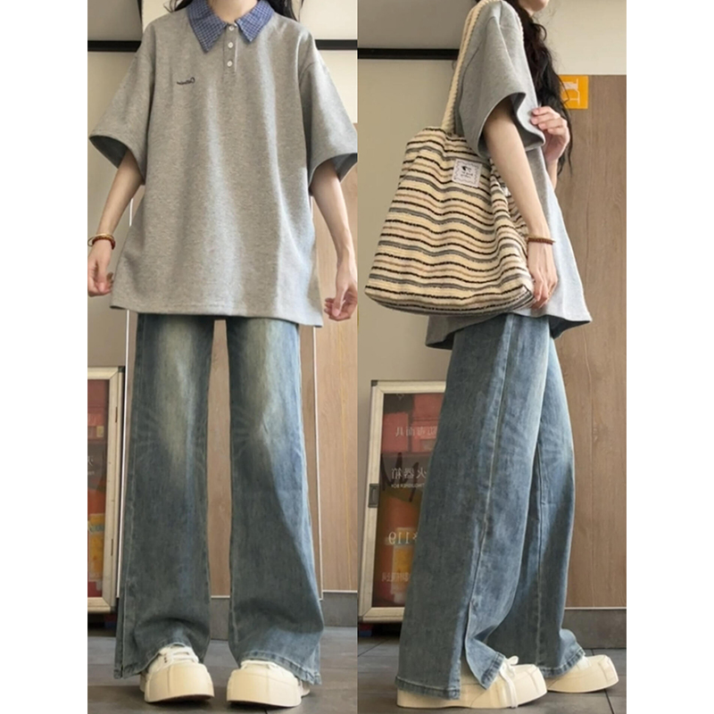 撞色格子拼接polo衫短袖t恤女夏