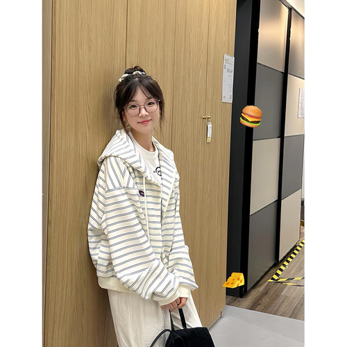 美式复古条纹卫衣外套宽松慵懒风