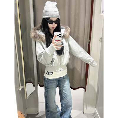 灰色毛领刺绣连帽短款卫衣外套女