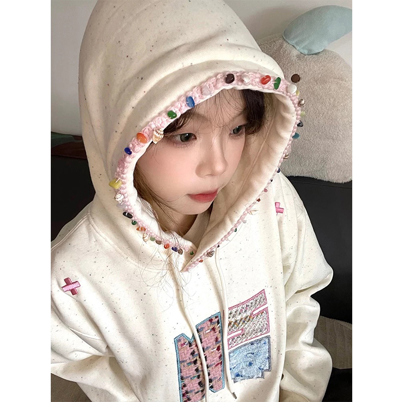 美式彩点贴布刺绣连帽加绒卫衣女