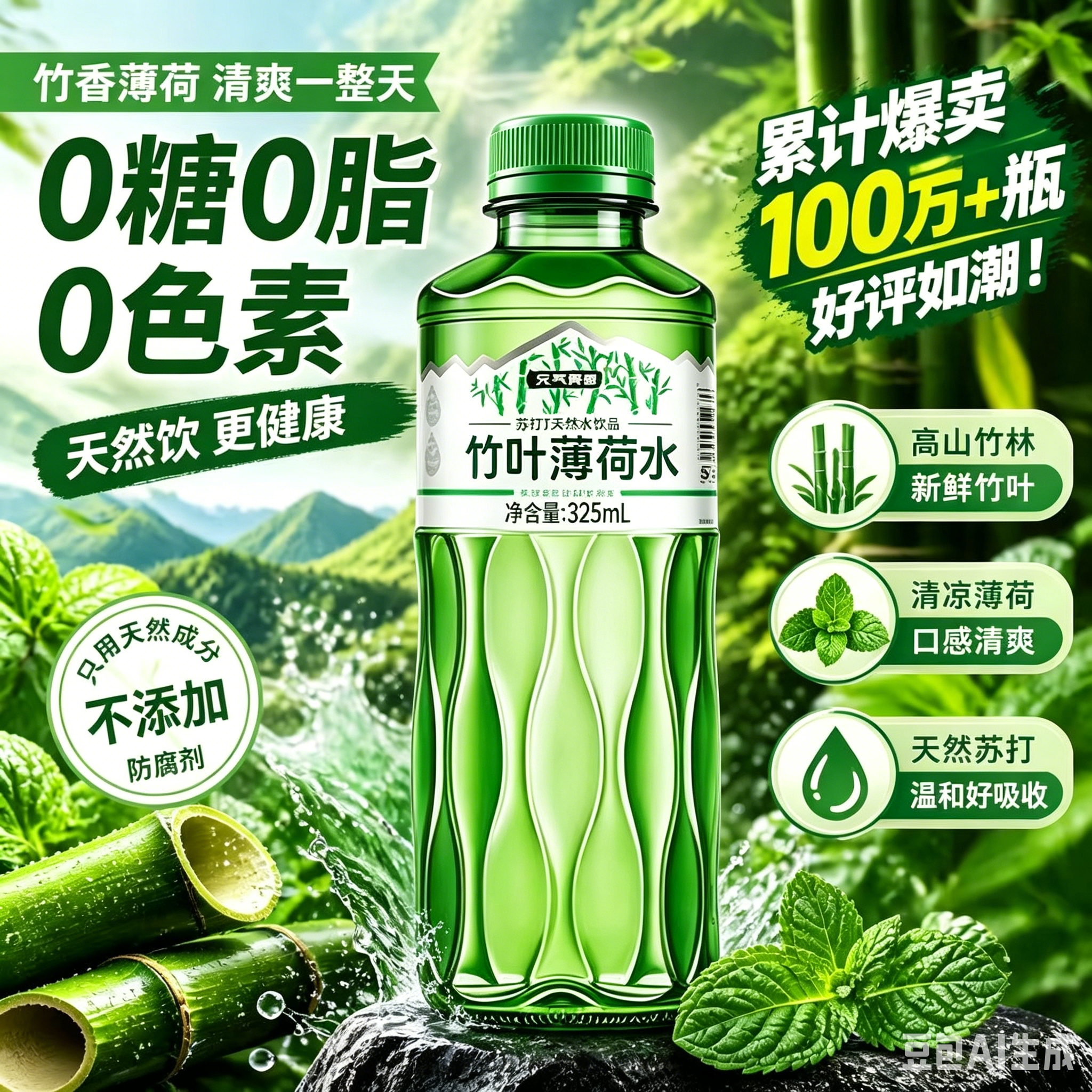 【几毛一瓶】竹叶薄荷水325ml整箱无糖无汽弱碱性苏打水饮料特价