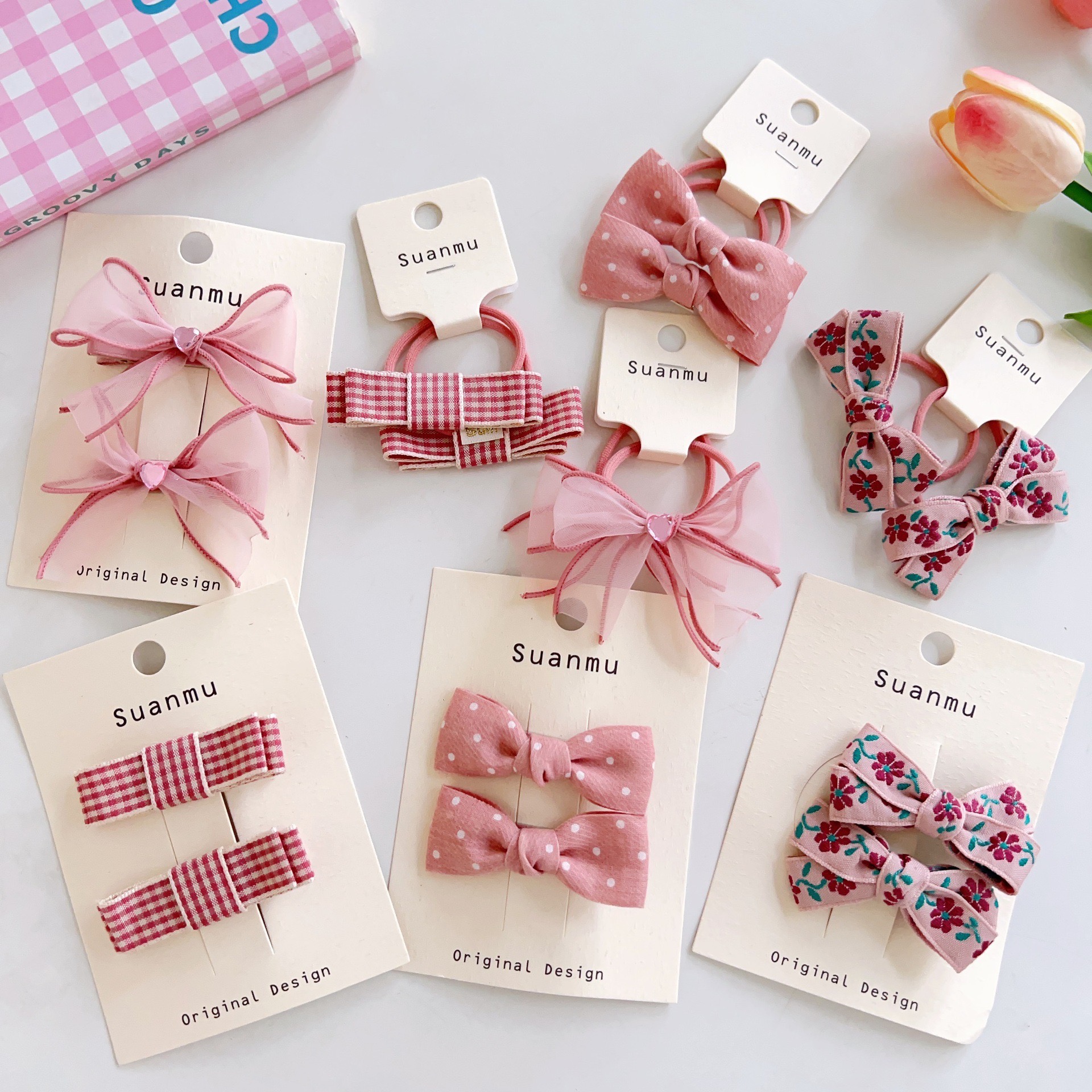 儿童甜美粉色系花朵蝴蝶结发夹头绳女童侧边刘海夹扎头发皮筋发圈