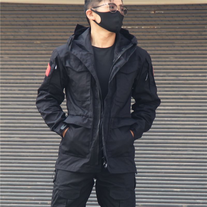 春秋男户外登山风衣战术外套M65连帽黑蟒迷彩服防水耐磨钓鱼防风