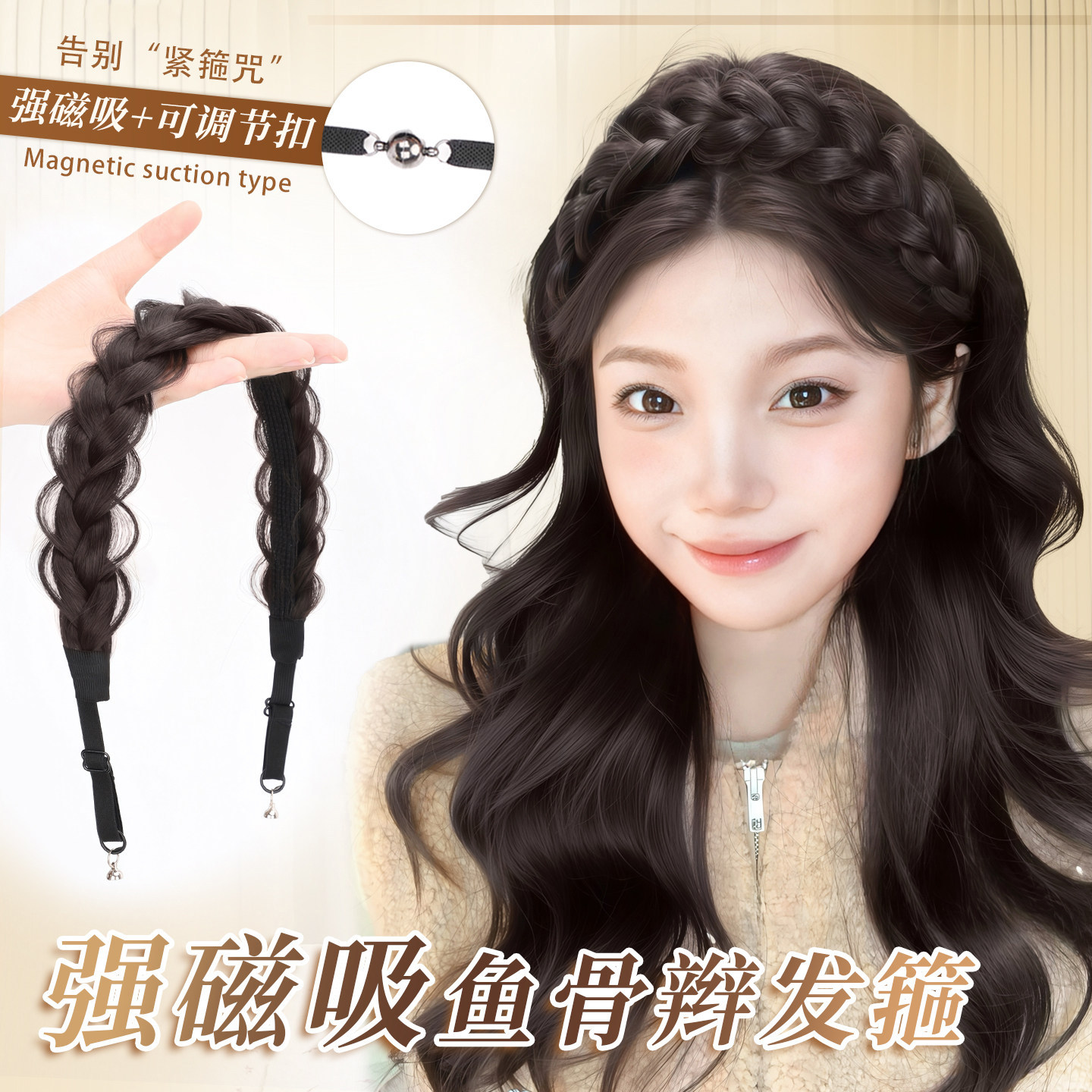 磁吸扣鱼骨辫假发发箍增高颅顶修饰脸型增发量自然蓬松显脸小假发,美发护发/假发,假发发箍,淘宝优惠券,粉丝福利购,淘宝优惠卷