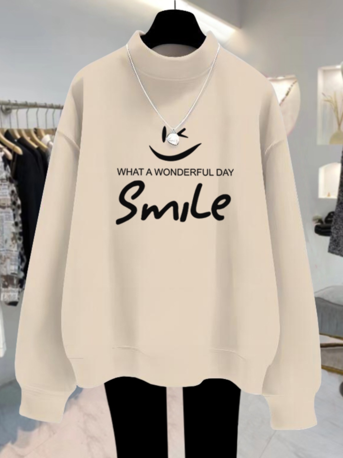 杏色半高领加绒加厚卫衣女宽松减龄2025秋冬新款套头打底外套上衣