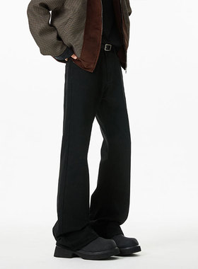 四季美式显瘦显高黑色弯刀牛仔裤男款cleanfit微喇裤修身直筒裤子