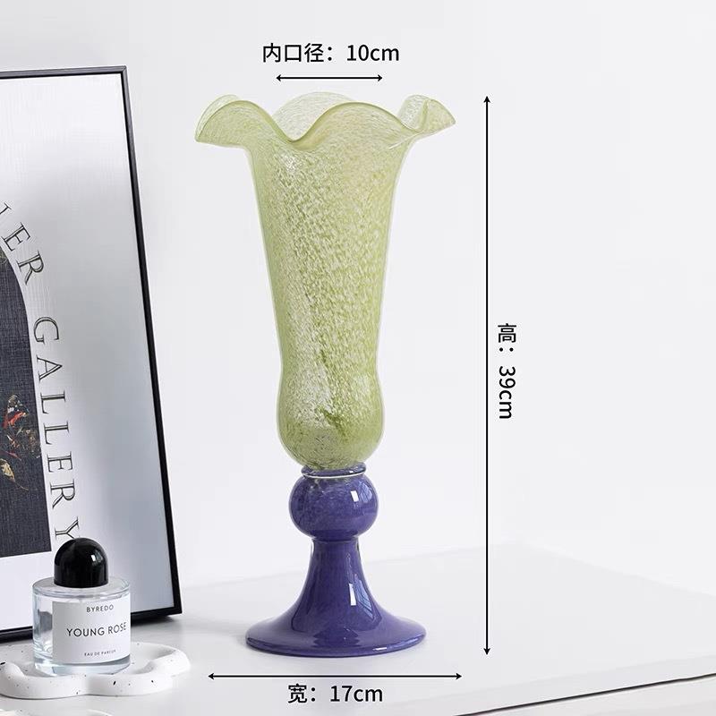 中古风荷叶花边风灯绿色底座高侘寂风家居拼色玻璃花瓶简欧合集