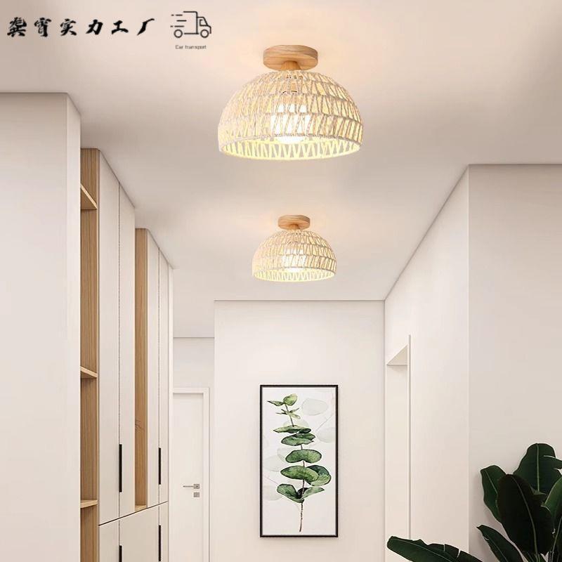 过道吸顶灯走廊玄关门厅阳台灯试衣间日式田园创意藤编原木卧室灯