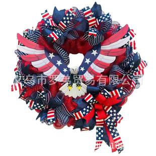 新品独立日花环挂饰美国国旗花圈门挂老鹰花环爱国花环装饰品