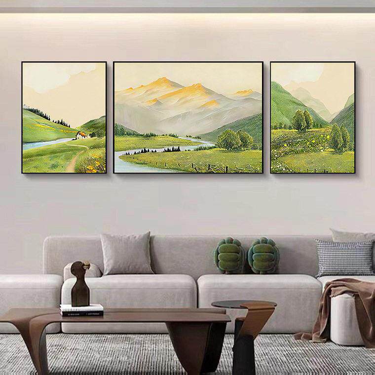 日照金山客厅三联画风景油画沙发背景墙装饰挂画侘寂风级感壁画
