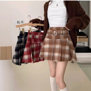 大码胖mm毛呢格子百褶半身裙女秋冬季复古红色显廋裙子小个子短裙