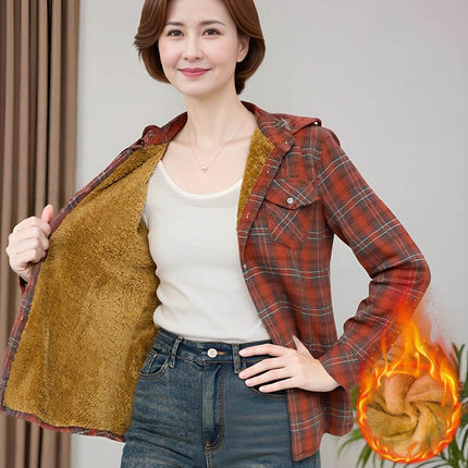 冬季厚款保暖修身格子衬衫中年女士加绒加厚百搭复古休闲衬衣外套