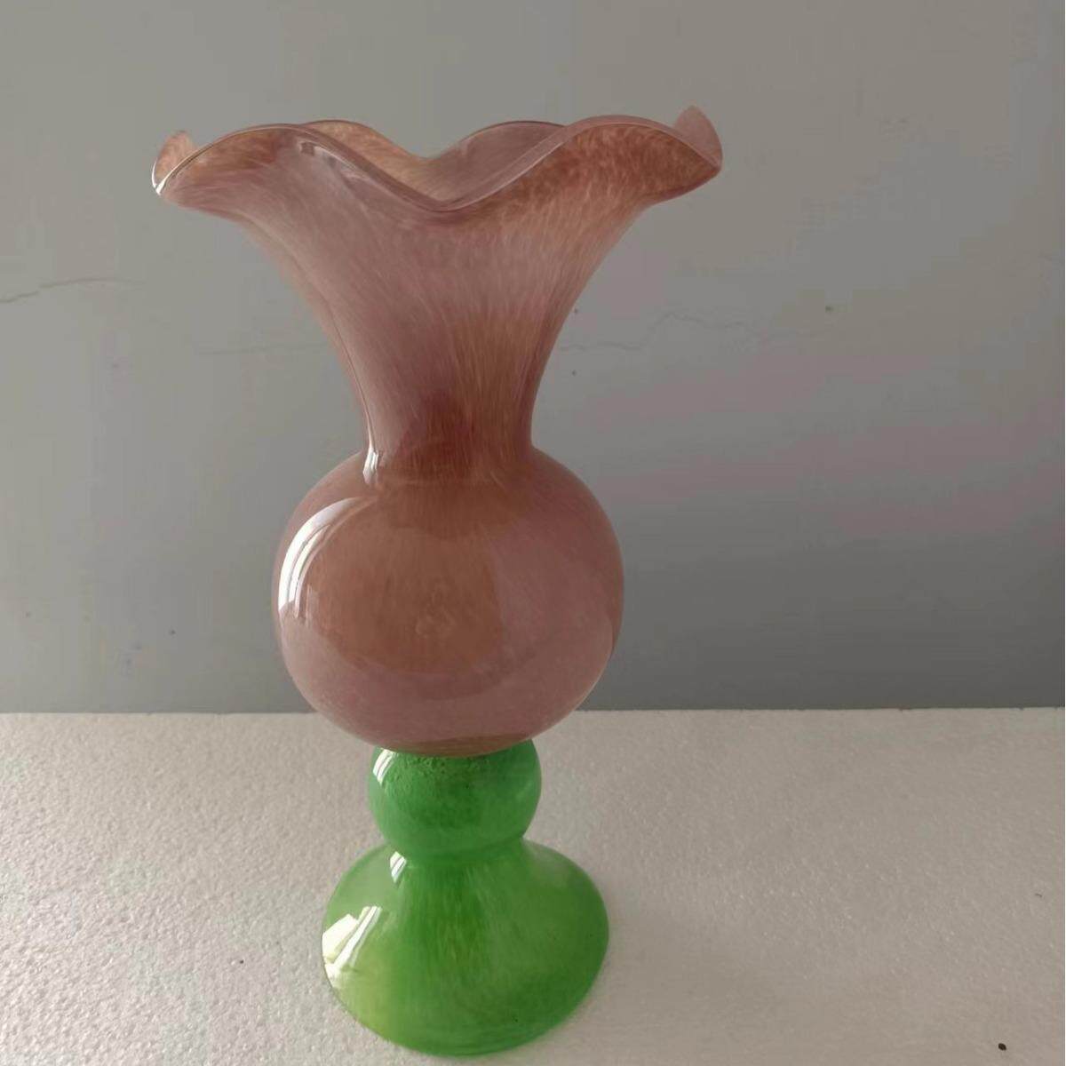 中古琉璃花瓶高脚圆肚长颈喇叭口花器法式复古轻奢玻璃瓶