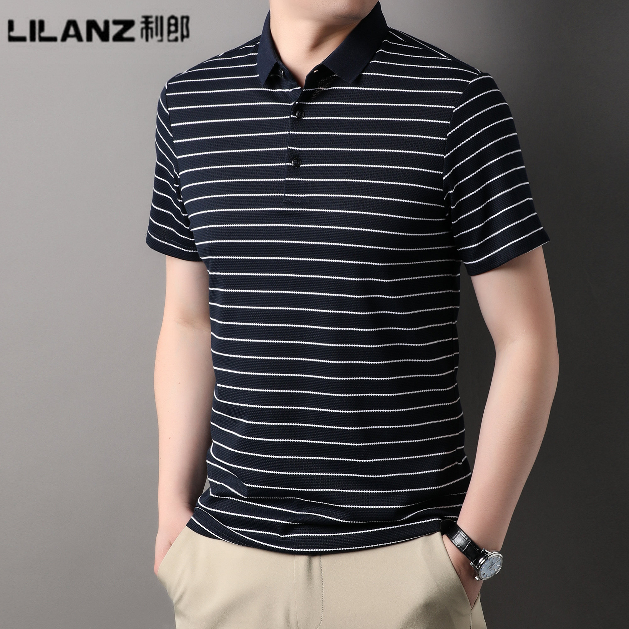 利郎男装夏季短袖t恤高档桑蚕丝翻领中青年时尚休闲条纹polo衫男