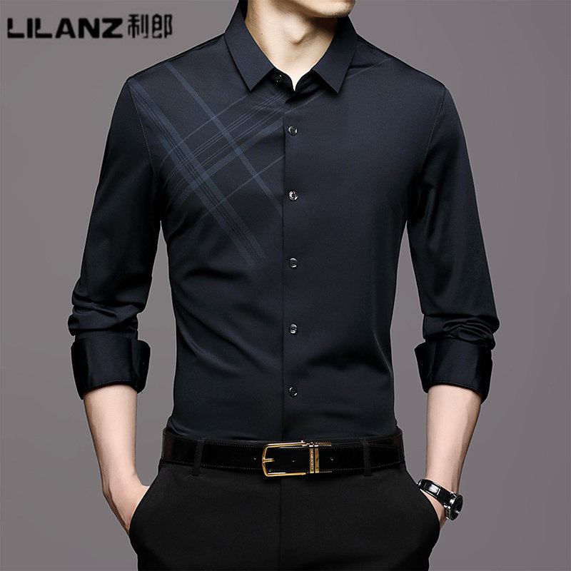 利郎男装长袖衬衫男士桑蚕丝秋冬季新款商务休闲加绒加厚无痕衬衣