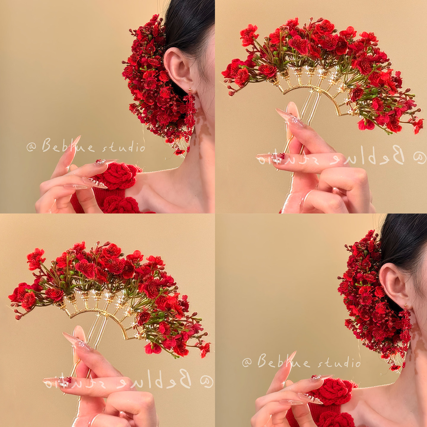 「绯红浪漫」氛围感满天星花朵发簪新中式新娘旗袍盘发头饰发钗女