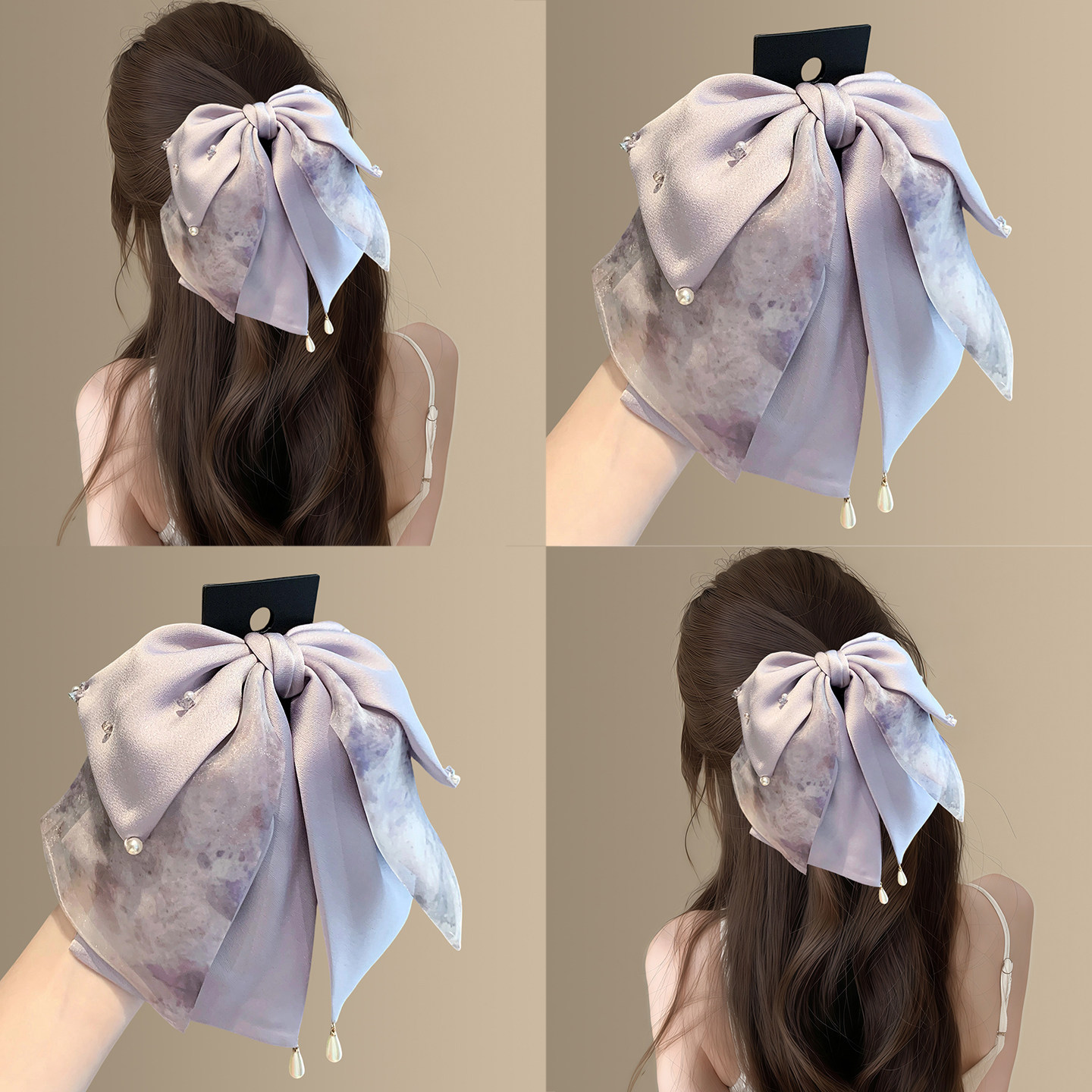 紫雾丁香~温柔紫色缎面花纹马尾夹优雅珍珠蝴蝶结半扎发抓夹盘发