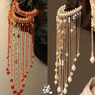 「流光」古典珍珠长流苏发簪优雅旗袍侧边步摇发钗两件套汉服盘发