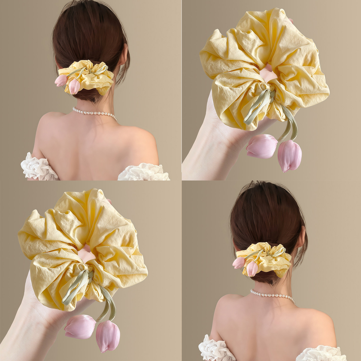 黄油乳酪~小清新黄色郁金香花朵大肠发圈2026春夏低马尾旅行发卡