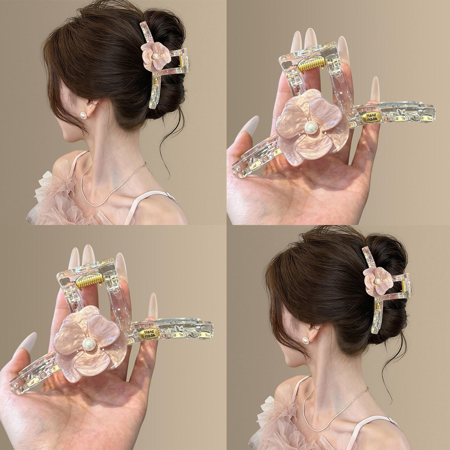 晕粉染色~透明粉色花瓣珍珠抓夹