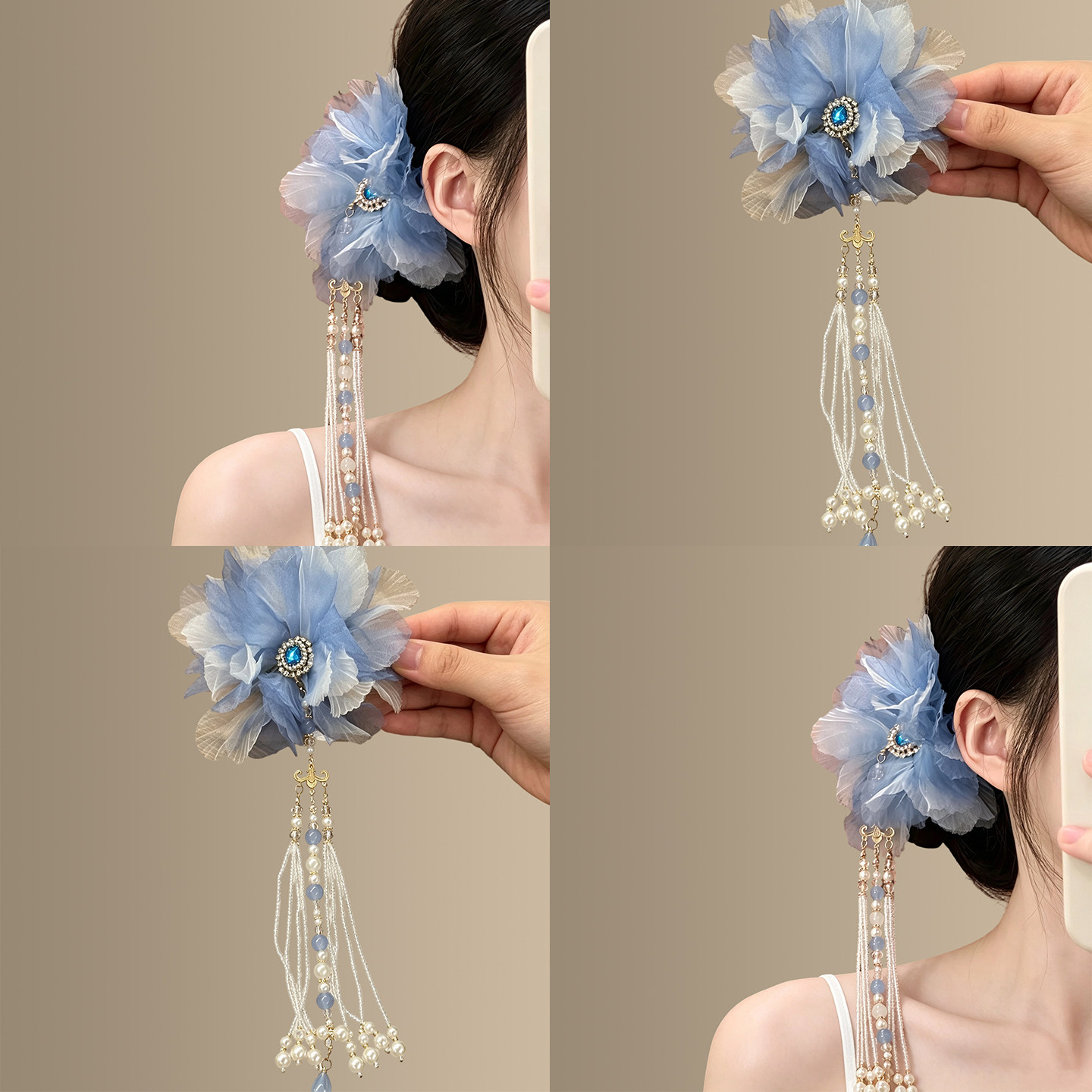 「水蓝芙蓉」新中式羽毛花朵发夹