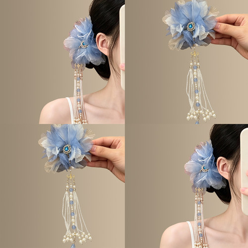 「水蓝芙蓉」新中式羽毛花朵发夹