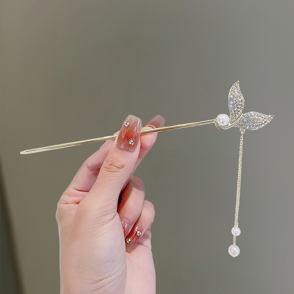 精致高级感珍珠流苏鱼尾发簪女夏古风简约现代盘发钗子新中式发饰