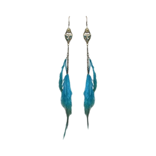 孔雀翎蓝~ 镶钻羽毛耳坠小众个性波西米亚女蓝色长款云南旅拍耳饰