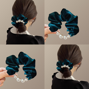 孔雀蓝~ 金丝绒珍珠大肠发圈复古高级感2026新款丸子头绳女盘发器