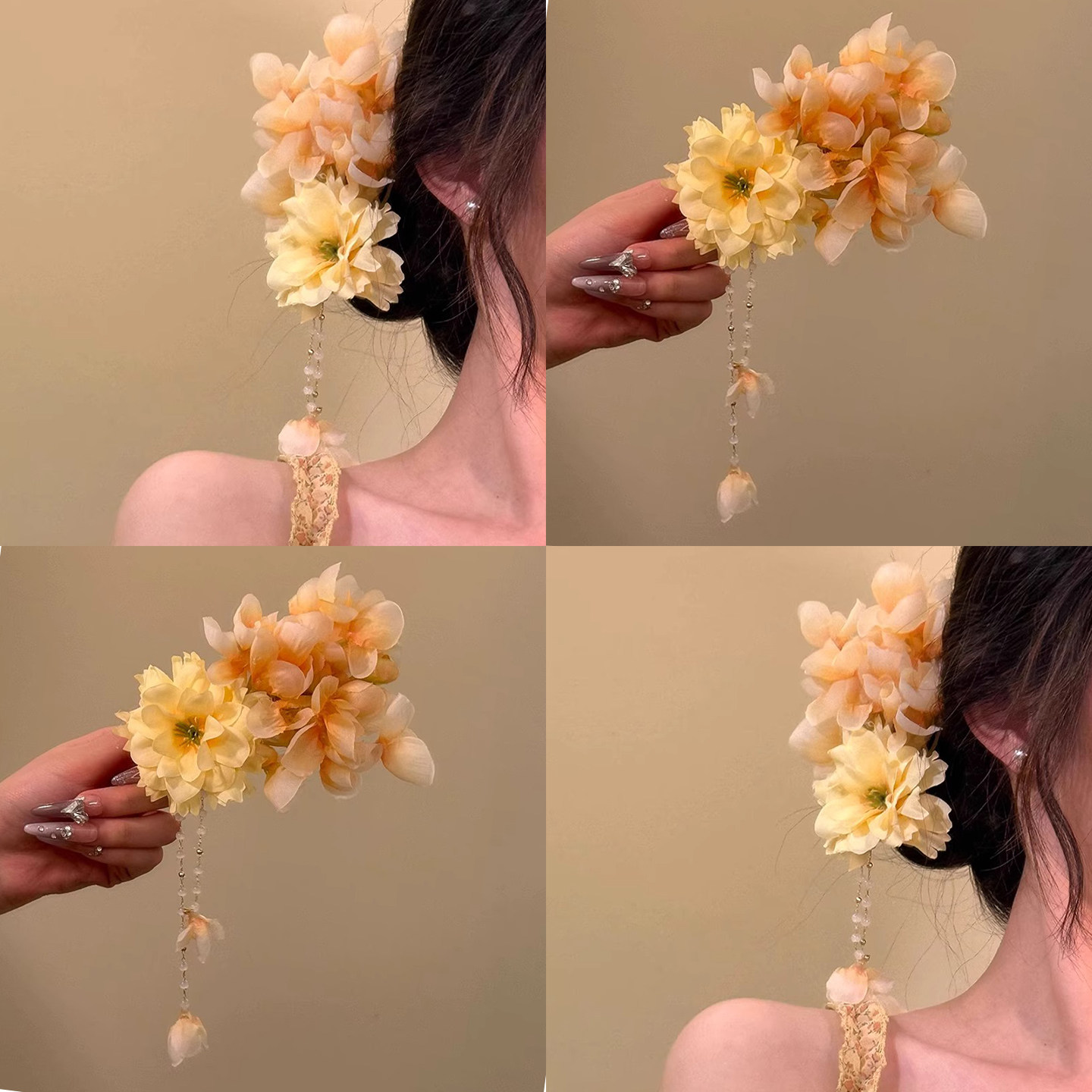 杨枝甘露~氛围感黄色花朵瀑布流苏发夹超仙气质侧边夹半扎发头花